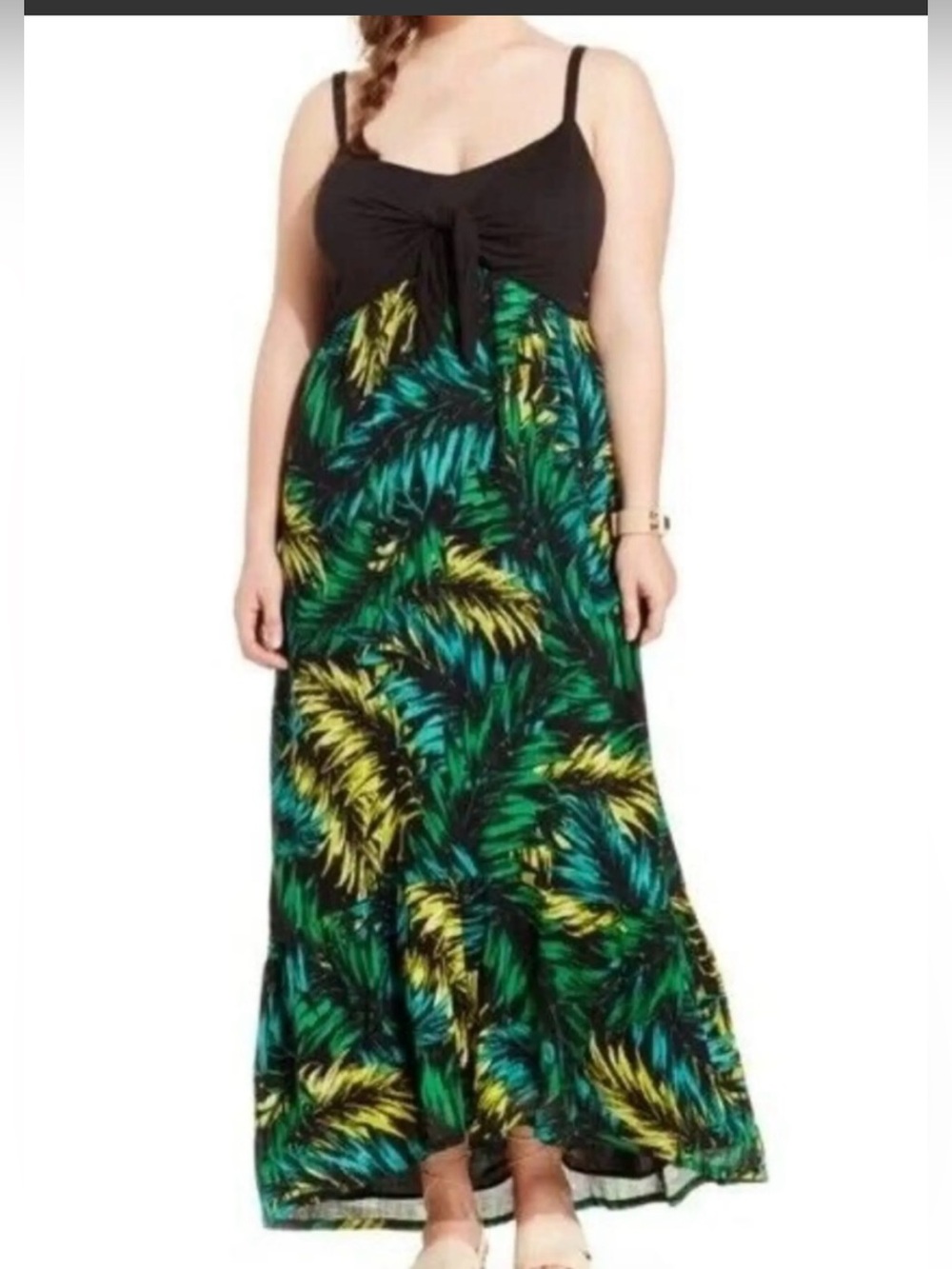 Jessica Simpson Black Green Yellow Palm-Print Maxi Dress Size L